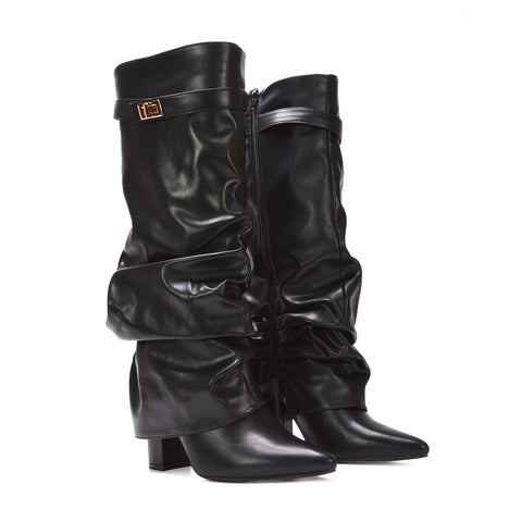 black fold over boots, black layered boots, black knee high fold over boots, fold over boots, layered boots, knee high fold over boots 