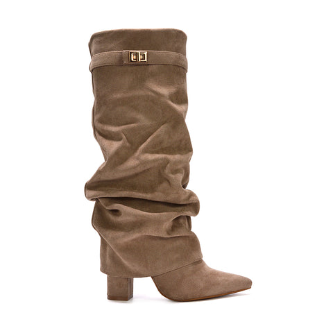 Taupe ruched boots, Taupe  heeled boots, ruched boots, heeled boots, high heel boots, block heeled boots, going out boots, women's going out boots