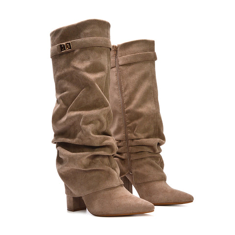 taupe fold over boots, taupe layered boots, taupe knee high fold over boots, fold over boots, layered boots, knee high fold over boots 