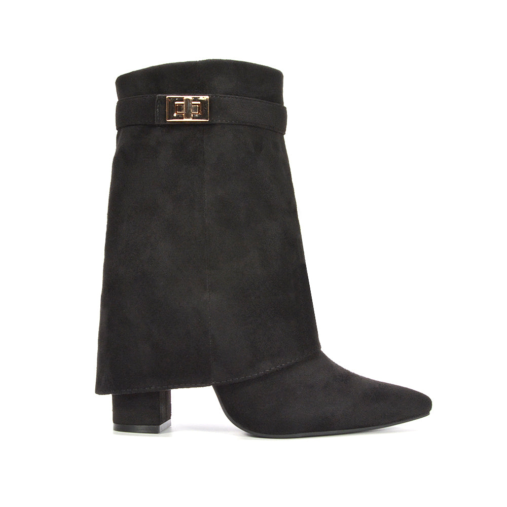 Dressy fold over boots, Faux suede fold over boots, Fold over block heel boots, Fold over suede boots