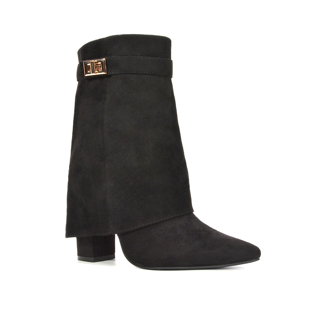 Ankle boots with folded top and zip, black ankle boots, black heeled sandals, Women's block heel booties with zipper, chic fold over boots