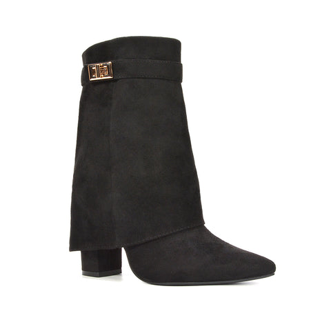 Ankle boots with folded top and zip, black ankle boots, black heeled sandals, Women's block heel booties with zipper, chic fold over boots