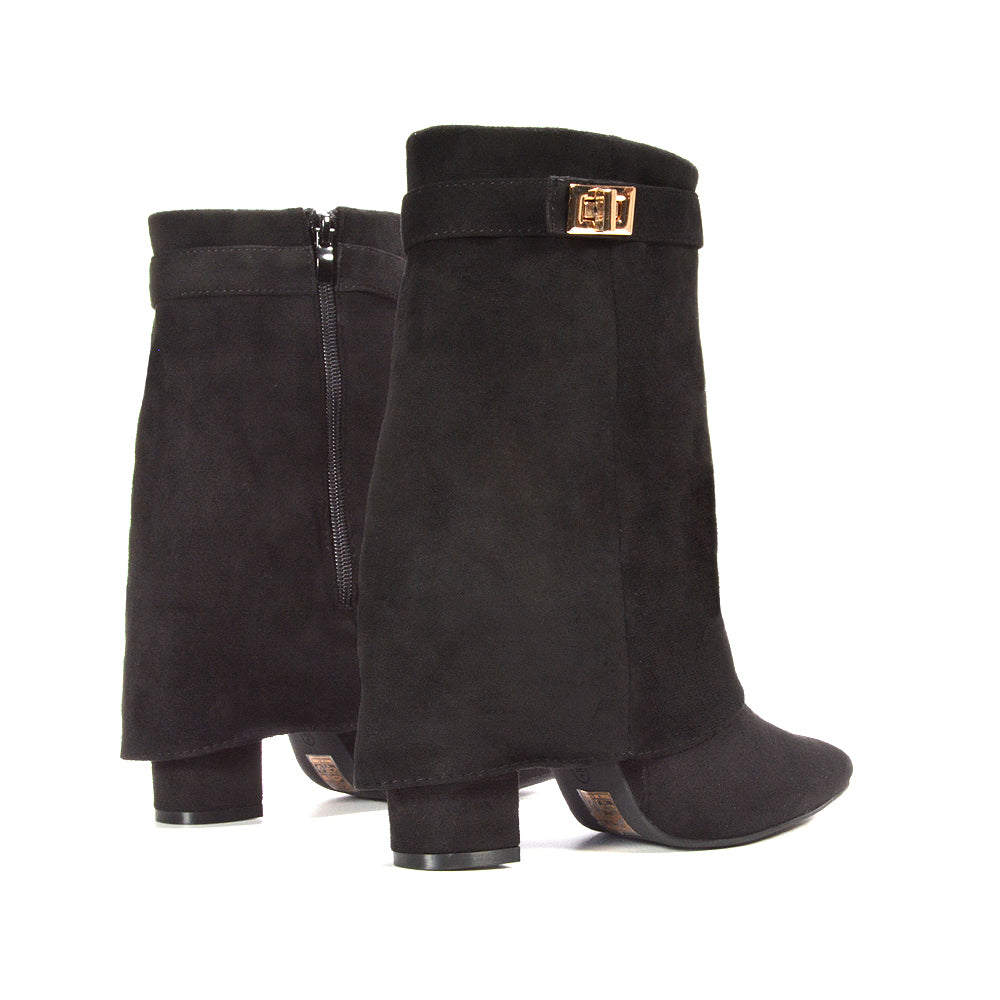 black block heel boots, black heeled ankle boots, Fold over ankle boots, Fold down boots for women, fold over heeled boots, women’s block heel zip up boots