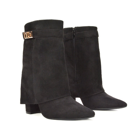 Talia Fold Over Mid Block Heel Pointed Toe Zip Up Ankle Boots in Black Faux Suede
