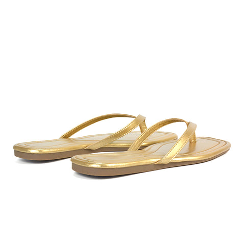 Rosie Flip Flop Square Toe Slip On Summer Flat Sandal Slides in Gold