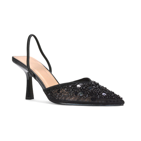 Black mesh slingback heels with rhinestones, Mesh slingback shoes, Rhinestone embellished footwear, Glitter heels for events