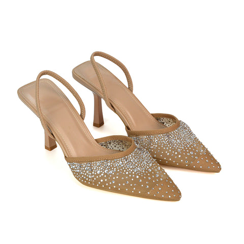 Beige Diamante Heels, Beige Mesh Heels, Diamante Heels, Mesh Heels