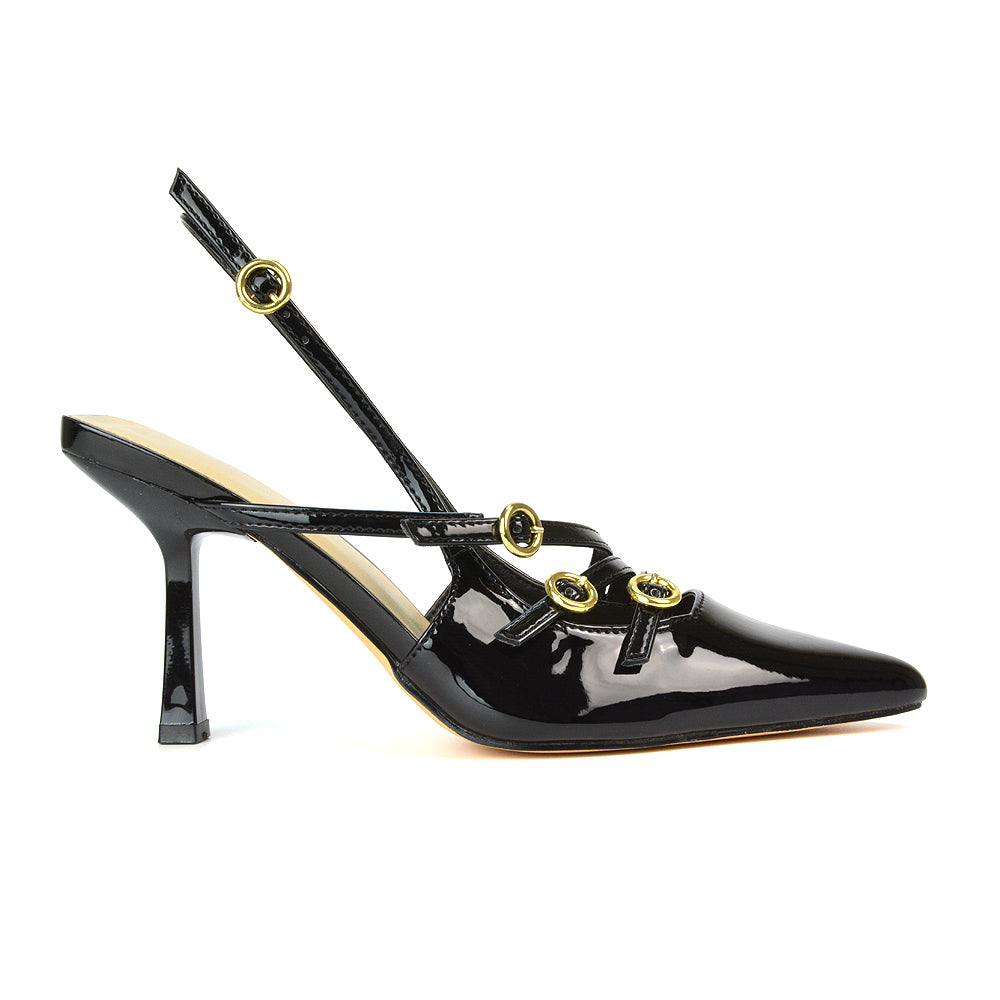 women's black heels, black stiletto heel pointed toe court shoes, black high heel court shoes, black strappy heeled court shoes