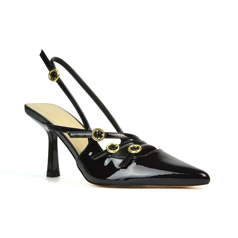 black closed toe heels, black closed toe stiletto heels, black buckle heels, black classic court shoes