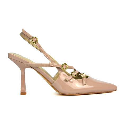 women's beige heels, beige stiletto heel pointed toe court shoes, beige high heel court shoes, beige strappy heeled court shoes