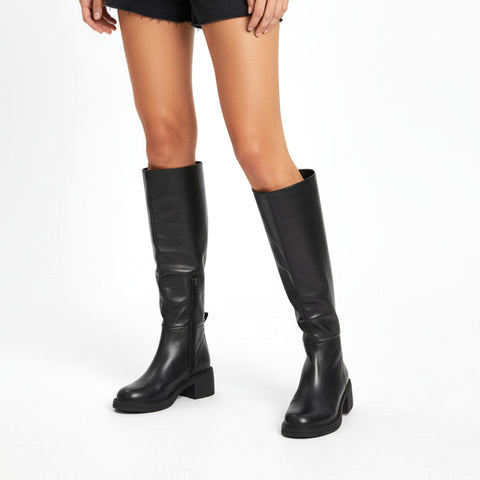 black faux leather knee high block heel boots