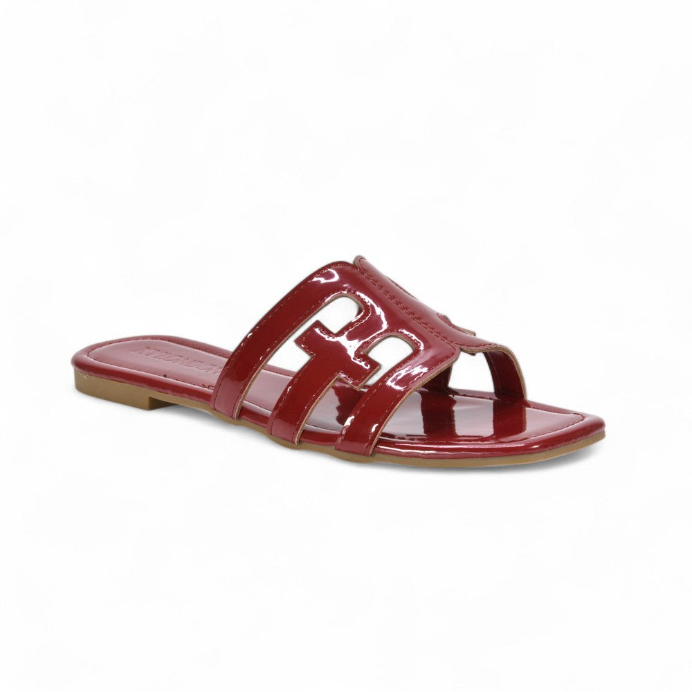 red square toe slides, womens red sandals, square toe slides, womens sandals