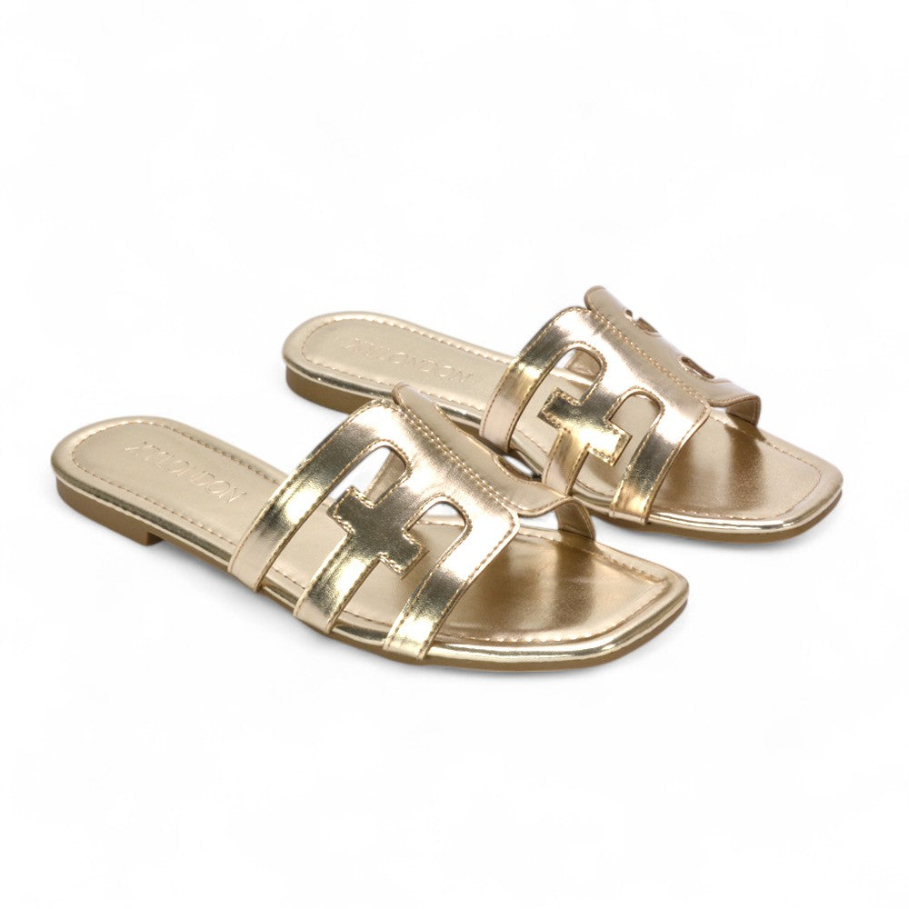 gold slip on sandals, gold sliders, slip on sandals, sliders