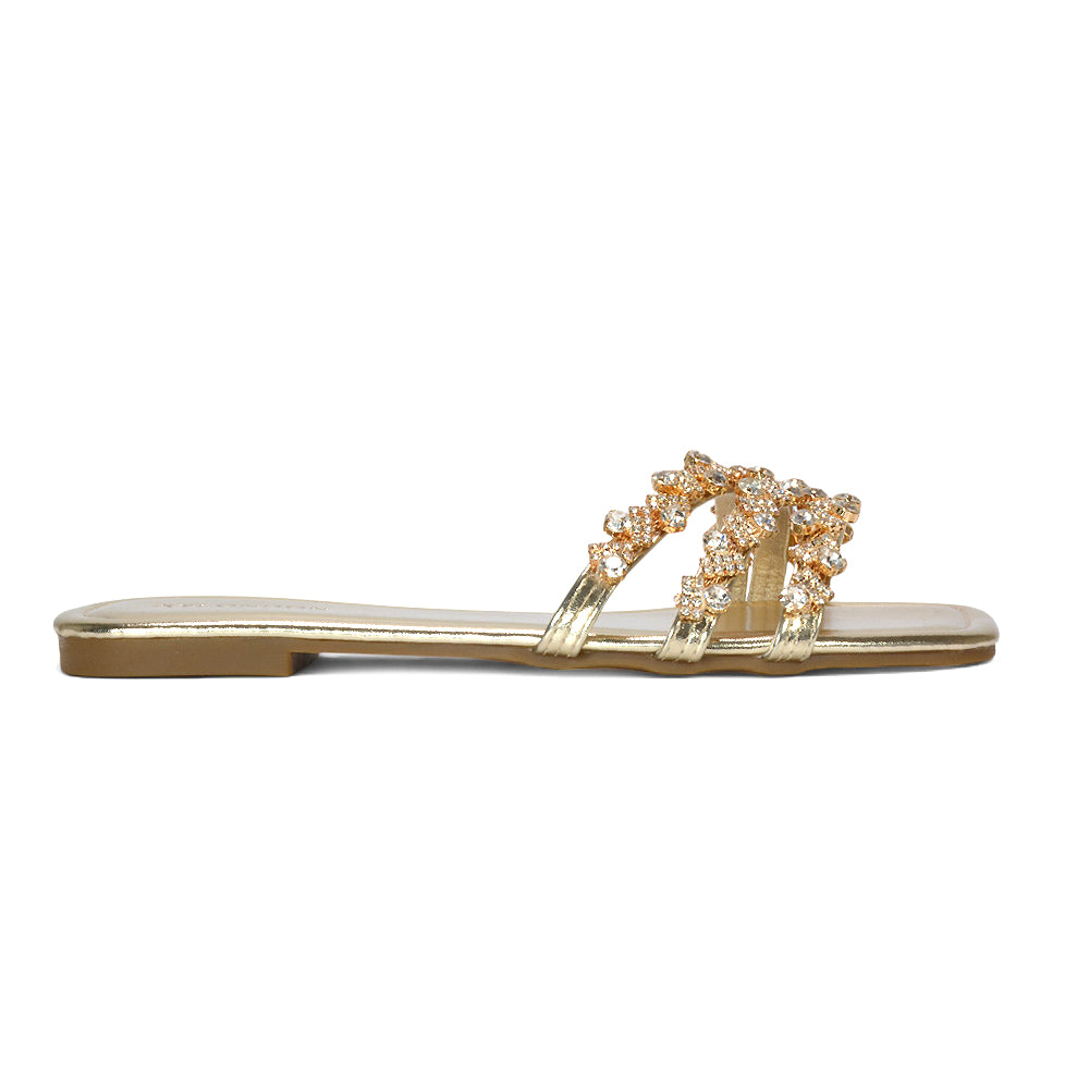 Gold flat sandals, Women's gold square toe strappy diamante flat sandals, Buy gold diamante flat sandals online
