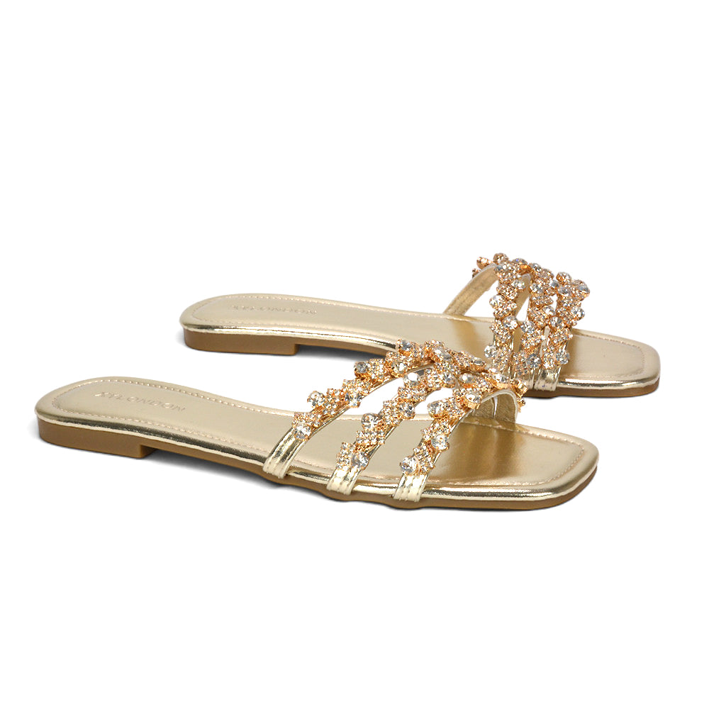 Affordable gold rhinestone sandals for women, Elegant gold flat sandals for women, Gold sparkly sandals