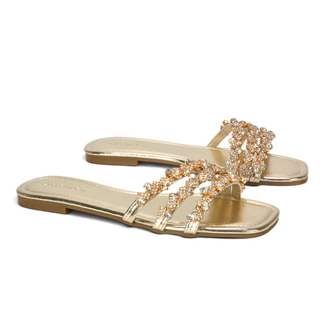Affordable gold rhinestone sandals for women, Elegant gold flat sandals for women, Gold sparkly sandals