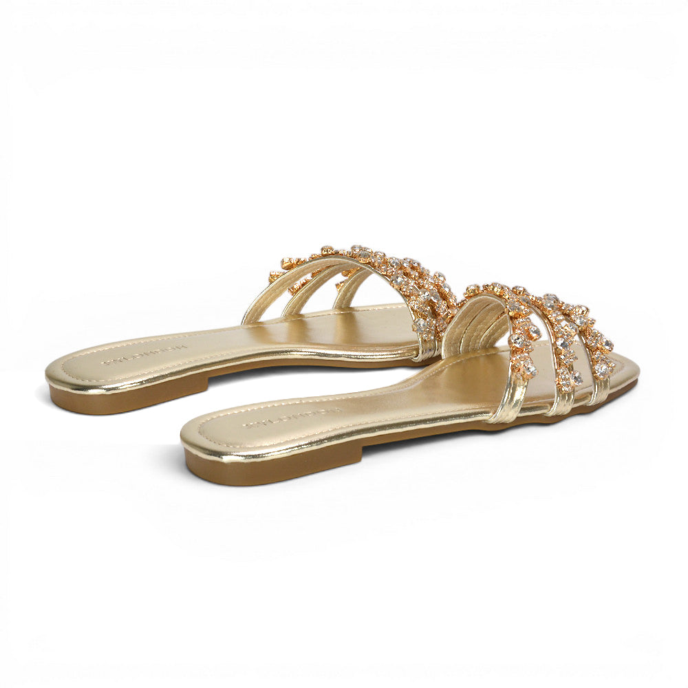 Gold strappy sandals, Gold crystal embellished square toe sandals, Gold square toe flat sandals sale