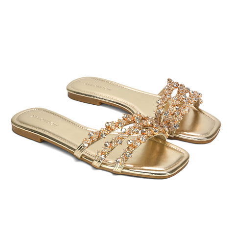 Best gold strappy diamante sandals, Women's metallic gold slip-on flat sandals, Best gold strappy diamante sandals