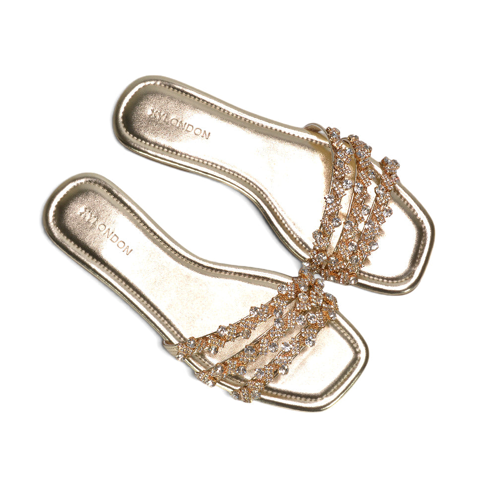 Gold embellished sandals for weddings, Comfortable gold strappy sandals for summer, Women's gold slide sandals, Gold rhinestone sandals, Gold embellished sandals