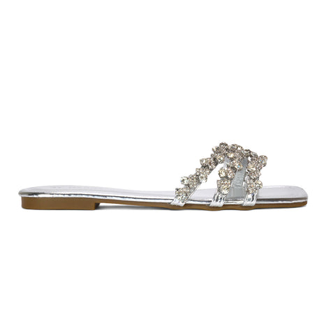 Silver flat sandals, Women's silver square toe strappy diamante flat sandals, silver sandals