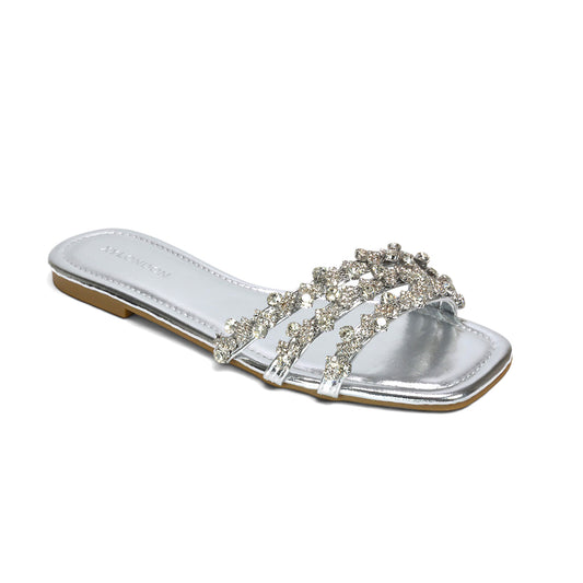 Shimmer silver slides, Sparkly silver rhinestone slide sandals for women, Silver diamante sandals