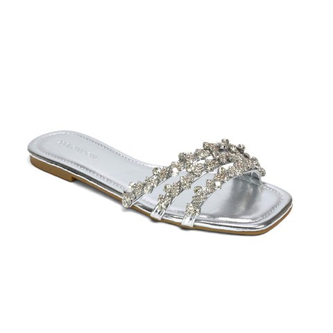 Shimmer silver slides, Sparkly silver rhinestone slide sandals for women, Silver diamante sandals