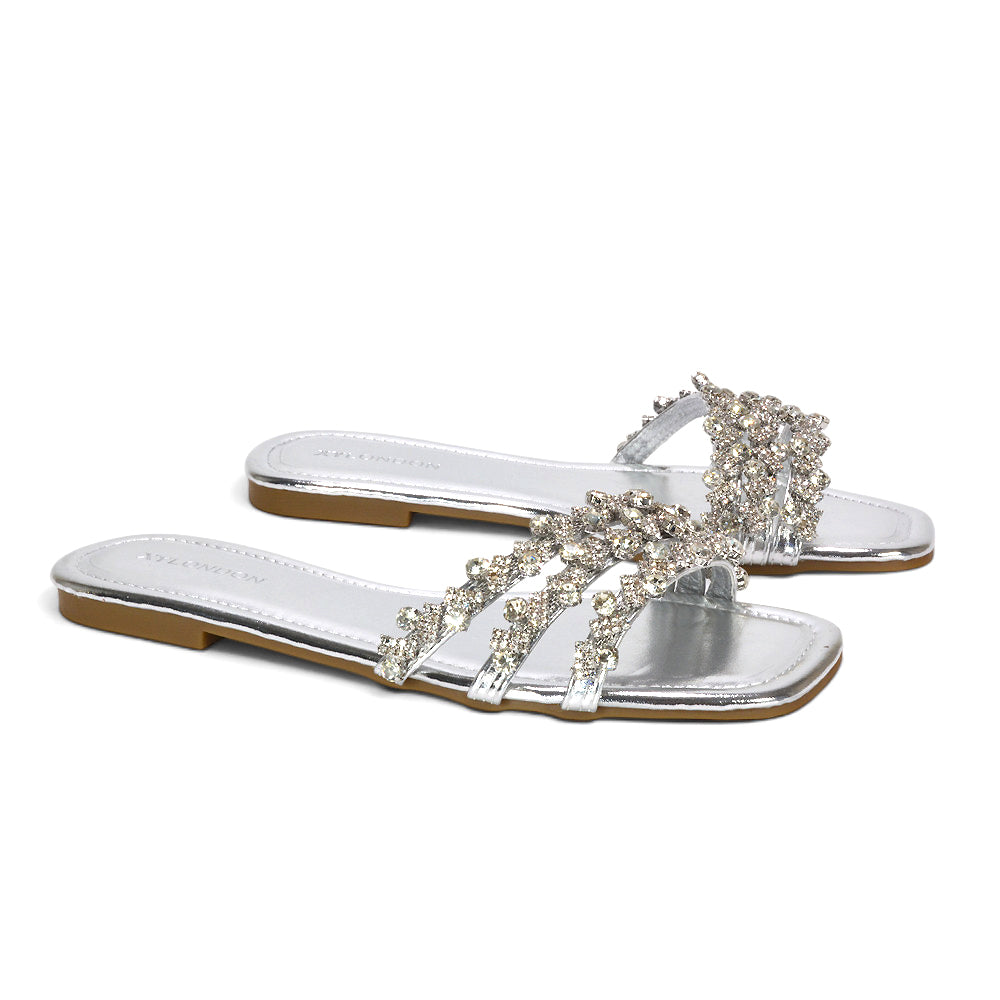 Silver sparkly sandals, Elegant silver flat sandals with crystal embellishments, Crystal sparkle sandals