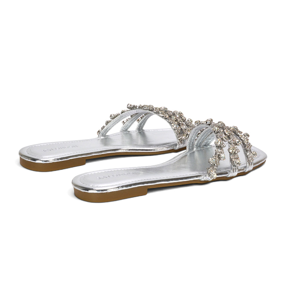 Gemstone strap sandals, Silver square toe slip-on sandals for summer, Silver strappy sandals