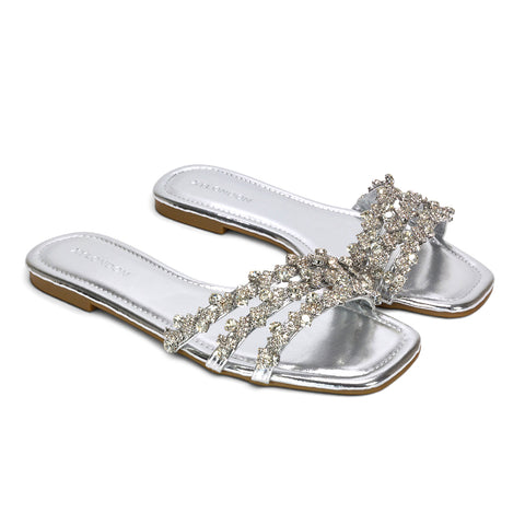 Silver square toe sandals, Women's metallic silver strappy flat sandals, Glitter slide sandals