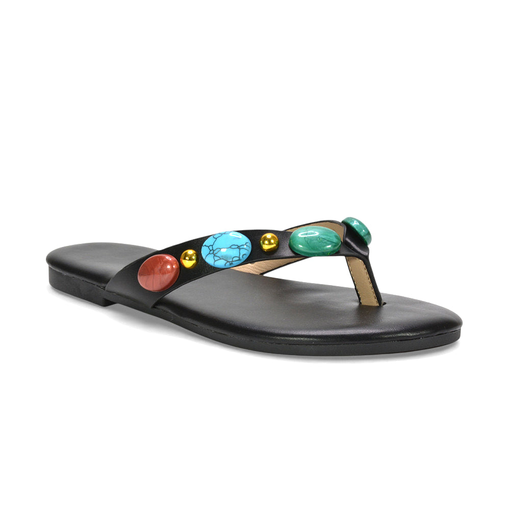 Embellished flip flops, strappy sandals, Dressy casual sandals, Cute flat sandals with gems, Summer vacation footwear, Sparkly stone sandals, black strappy sandals, black slip on sandals