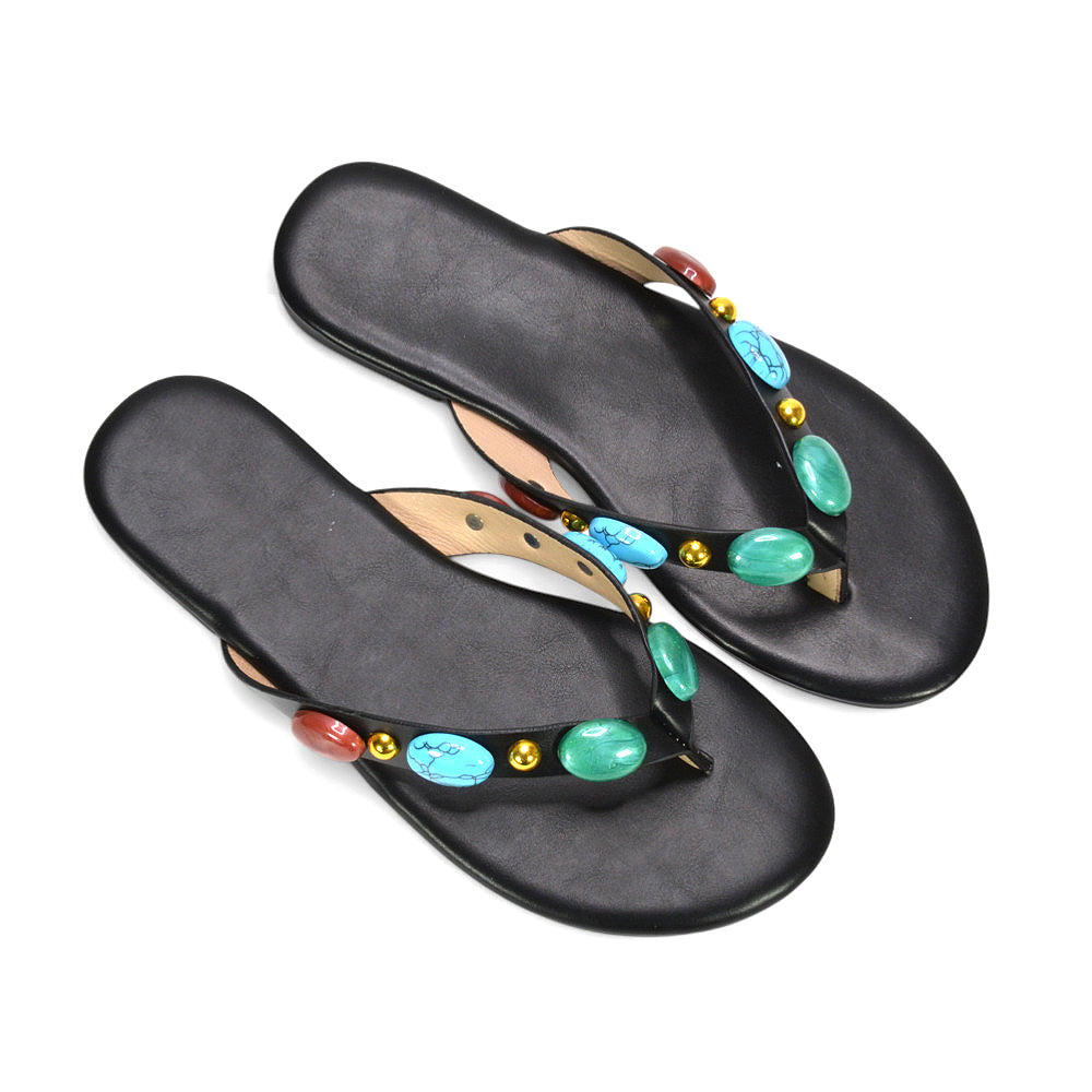 Stone strap sandals, Flat sandals for women, Summer flip flops women, Boho chic sandals, Vacation sandals flat, Elegant flat sandals for beach or party, Casual everyday embellished sandals, comfortable flip flops, black beach sandals, black dressy sandals, black slides
