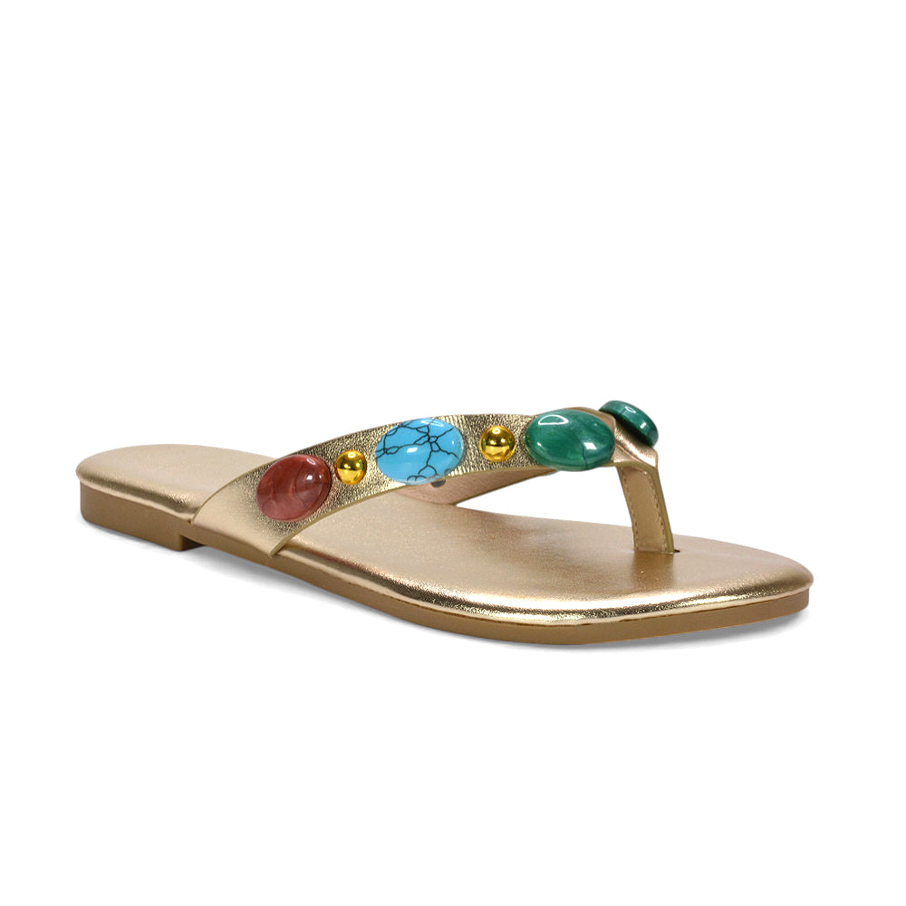 Embellished flip flops, strappy sandals, Dressy casual sandals, Cute flat sandals with gems, Summer vacation footwear, Sparkly stone sandals, gold strappy sandals, gold slip on sandals