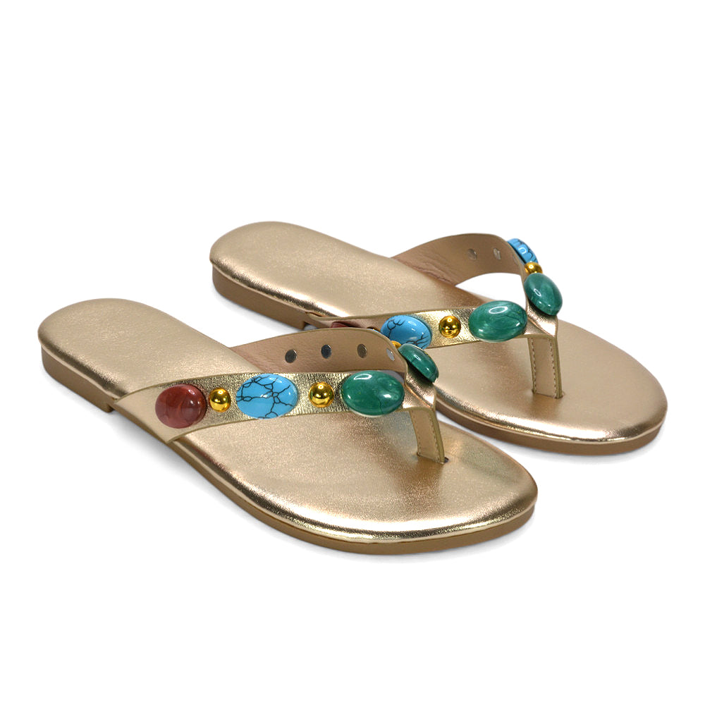 Jewel flip flops, women's summer sandals, vacay sandals, holiday shoes, Party flip flops women, Fashionable rhinestone flip flops for women, Resort sandals flat, Embellished strap sandals, gold sandals for women, gold flip flop sandals