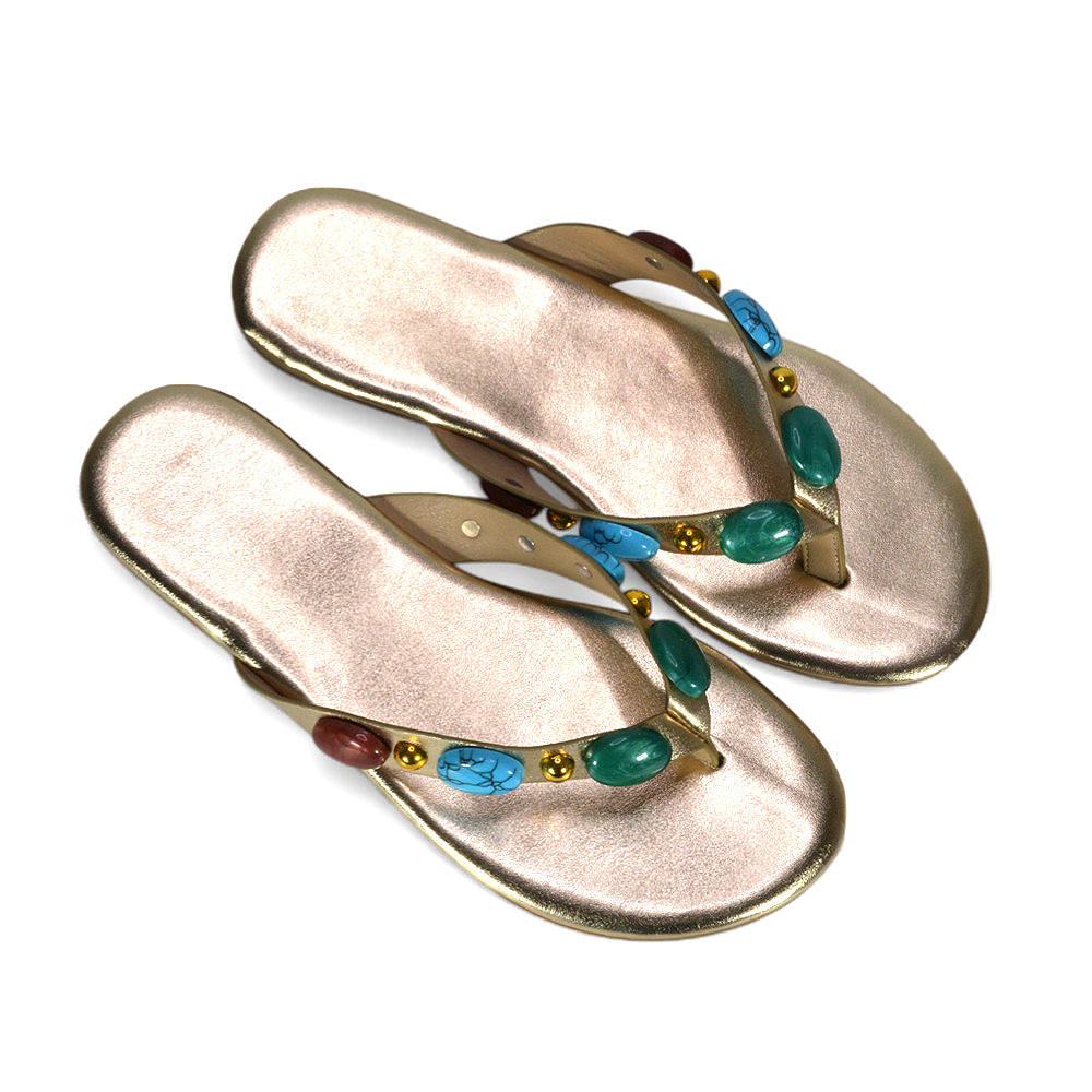 Stone strap sandals, Flat sandals for women, Summer flip flops women, Boho chic sandals, Vacation sandals flat, Elegant flat sandals for beach or party, Casual everyday embellished sandals, comfortable flip flops, gold beach sandals, gold dressy sandals, gold slides