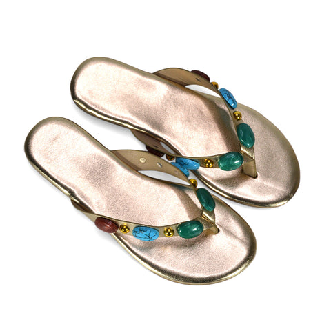 Stone strap sandals, Flat sandals for women, Summer flip flops women, Boho chic sandals, Vacation sandals flat, Elegant flat sandals for beach or party, Casual everyday embellished sandals, comfortable flip flops, gold beach sandals, gold dressy sandals, gold slides
