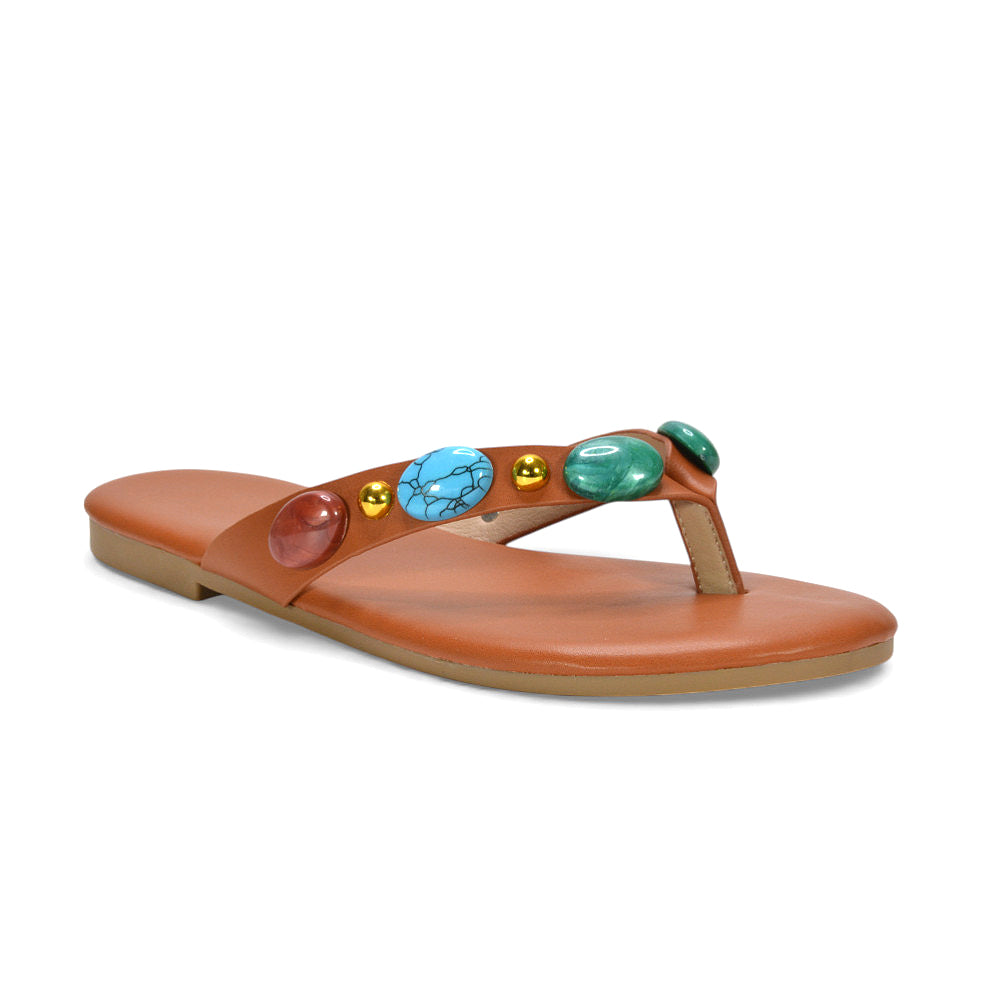Embellished flip flops, strappy sandals, Dressy casual sandals, Cute flat sandals with gems, Summer vacation footwear, Sparkly stone sandals, tan strappy sandals, tan slip on sandals
