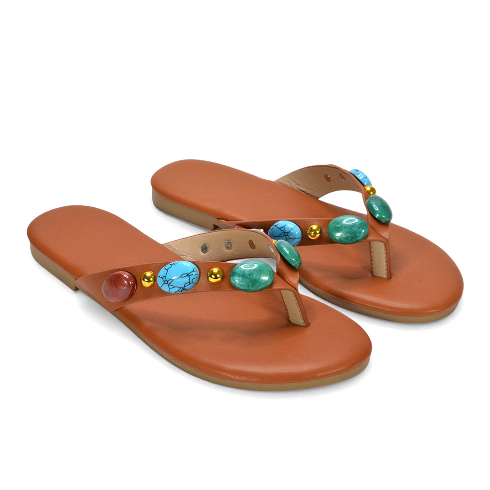 Jewel flip flops, women's summer sandals, vacay sandals, holiday shoes, Party flip flops women, Fashionable rhinestone flip flops for women, Resort sandals flat, Embellished strap sandals, tan sandals for women, tan flip flop sandals