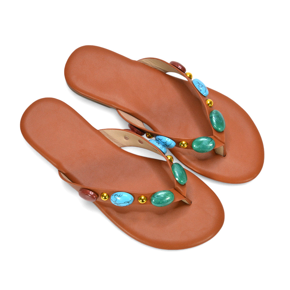 Stone strap sandals, Flat sandals for women, Summer flip flops women, Boho chic sandals, Vacation sandals flat, Elegant flat sandals for beach or party, Casual everyday embellished sandals, comfortable flip flops, tan beach sandals, tan dressy sandals, tan slides