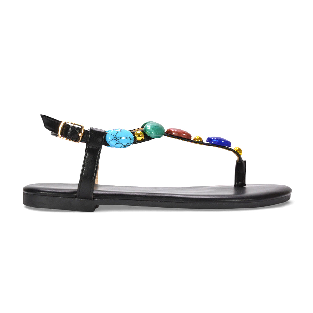 t bar flat sandals women, ladies jewel stone t bar sandals, women’s beach holiday sandals, flat sandals women, black strappy sandals, black summer sandals