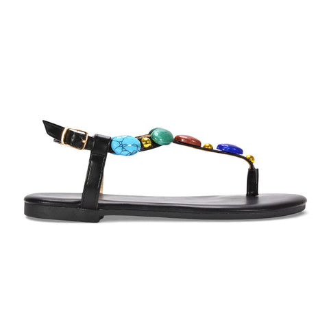 t bar flat sandals women, ladies jewel stone t bar sandals, women’s beach holiday sandals, flat sandals women, black strappy sandals, black summer sandals