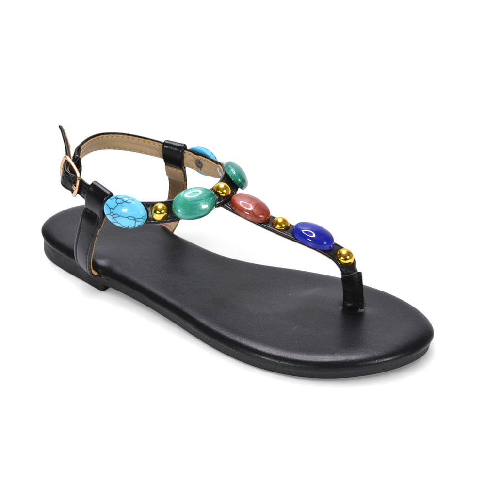 jewel embellished sandals, embellished flat sandals with ankle strap, summer party flat sandals, chic summer sandals women, black holiday sandals, women's black sandals