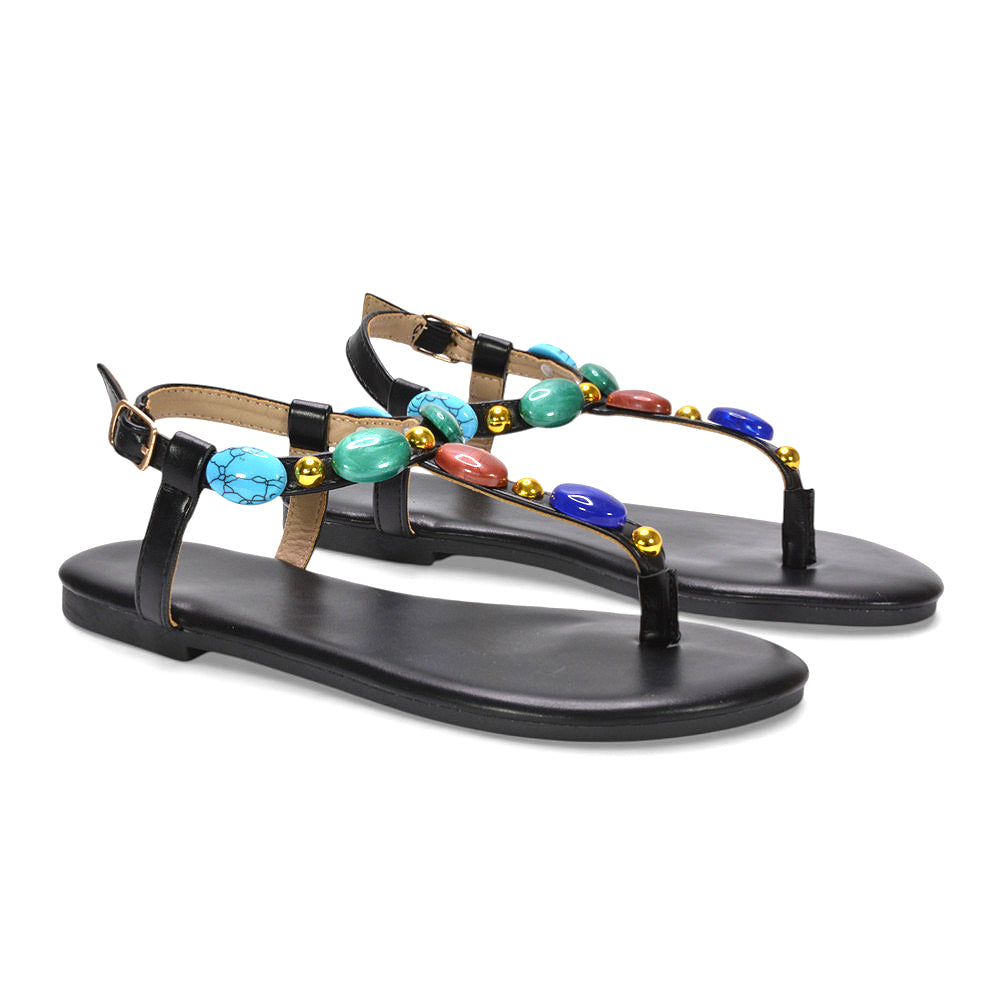 women’s embellished sandals, women’s embellished t bar flat sandals, holiday sandals for women, boho embellished sandals, black sandals, black flat sandals