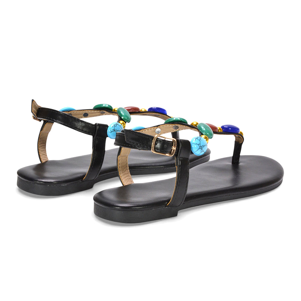 women’s summer flat sandals, women’s holiday embellished sandals, festival sandals women, fashion t bar sandals, black gem sandals, black ankle strap sandals