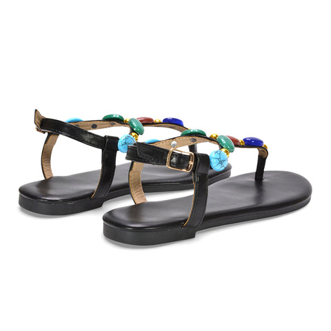 women’s summer flat sandals, women’s holiday embellished sandals, festival sandals women, fashion t bar sandals, black gem sandals, black ankle strap sandals