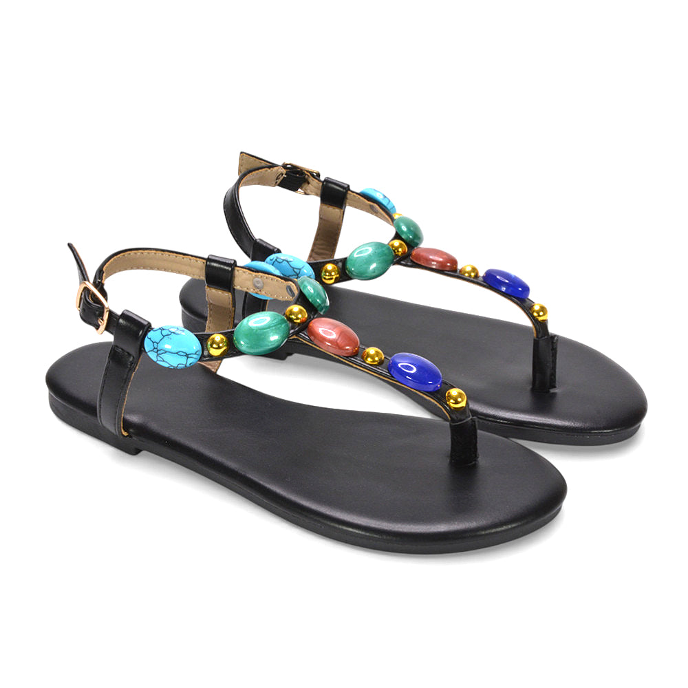 ladies summer sandals, women’s statement flat sandals, festival sandals, statement summer sandals, comfortable holiday sandals women, black festival sandals, black summer flat sandals