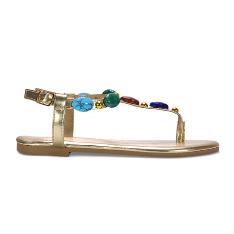 t bar flat sandals women, ladies jewel stone t bar sandals, women’s beach holiday sandals, flat sandals women, gold strappy sandals, gold summer sandals