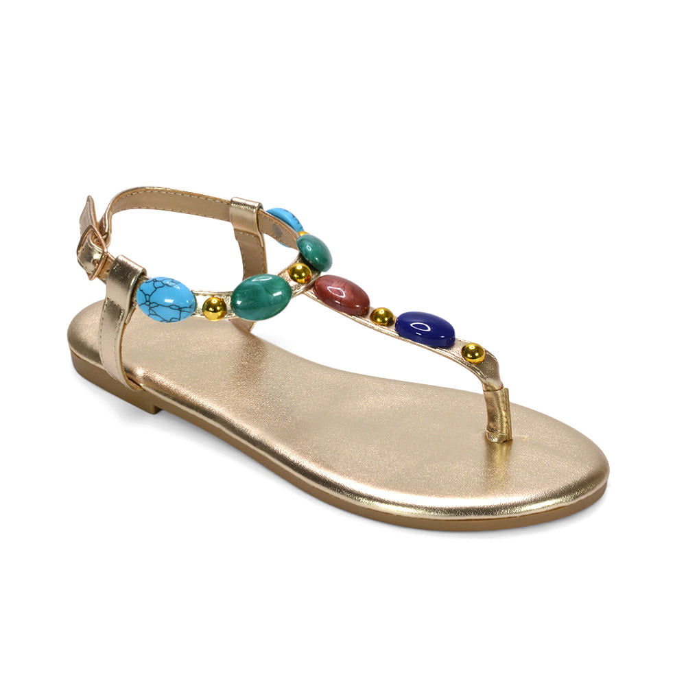 jewel embellished sandals, embellished flat sandals with ankle strap, summer party flat sandals, chic summer sandals women, gold holiday sandals, women's gold sandals