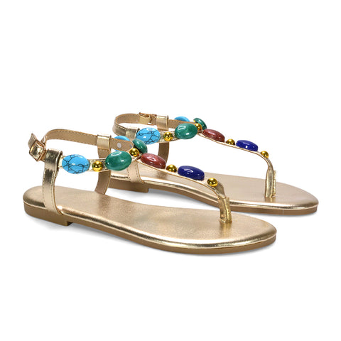 women’s embellished sandals, women’s embellished t bar flat sandals, holiday sandals for women, boho embellished sandals, gold sandals, gold flat sandals
