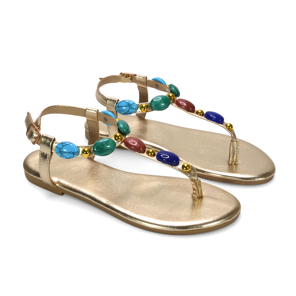 women’s summer flat sandals, women’s holiday embellished sandals, festival sandals women, fashion t bar sandals, gold gem sandals, gold ankle strap sandals