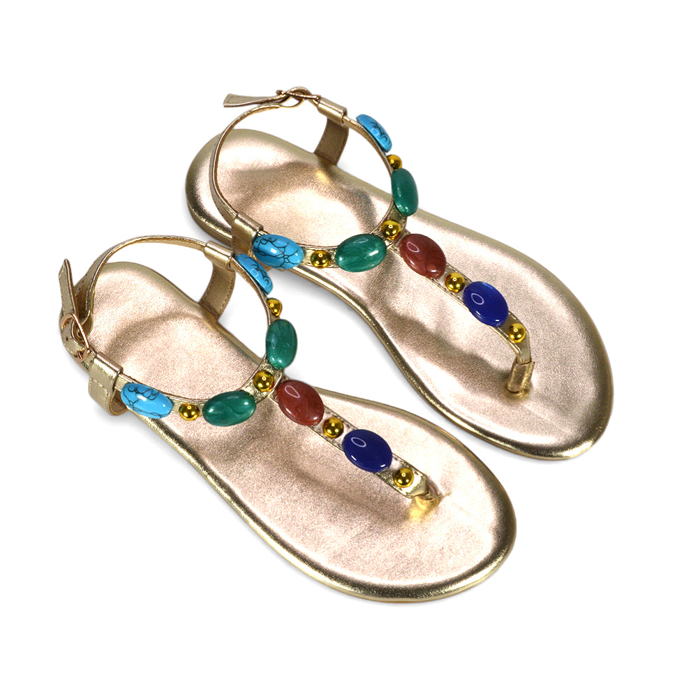 ladies summer sandals, women’s statement flat sandals, festival sandals, statement summer sandals, comfortable holiday sandals women, gold festival sandals, gold summer flat sandals